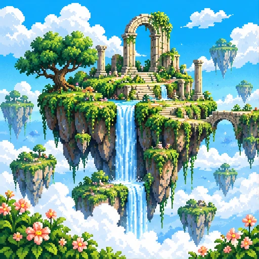 A sunlit floating pixel-art island with waterfalls